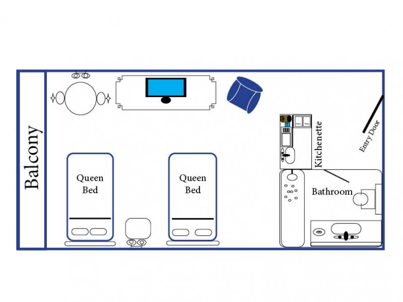 a floor plan for a bedroom with two beds and a tv