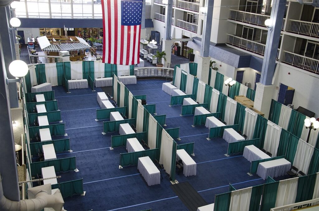 an overhead view of a large room with tables and chairs