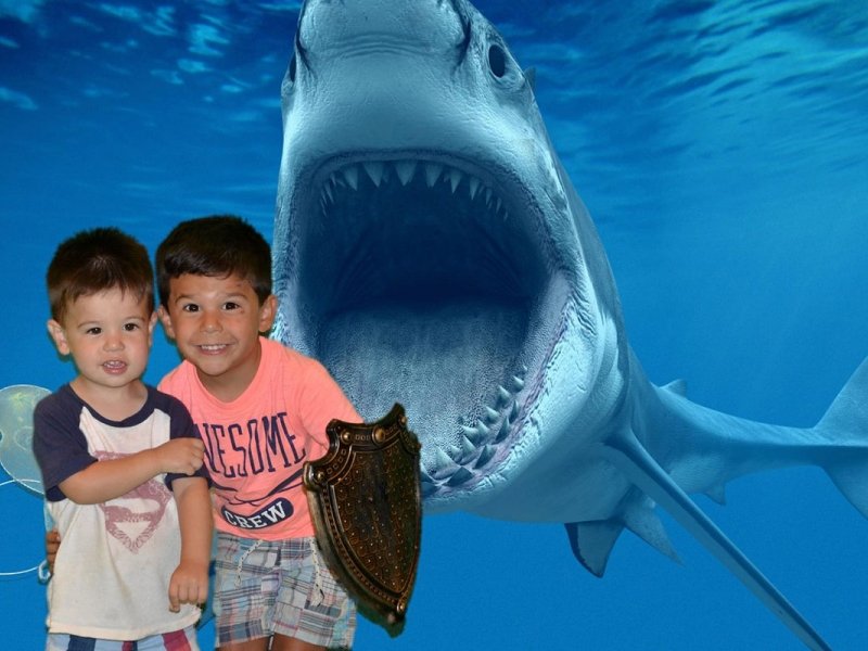 two children standing in front of a shark