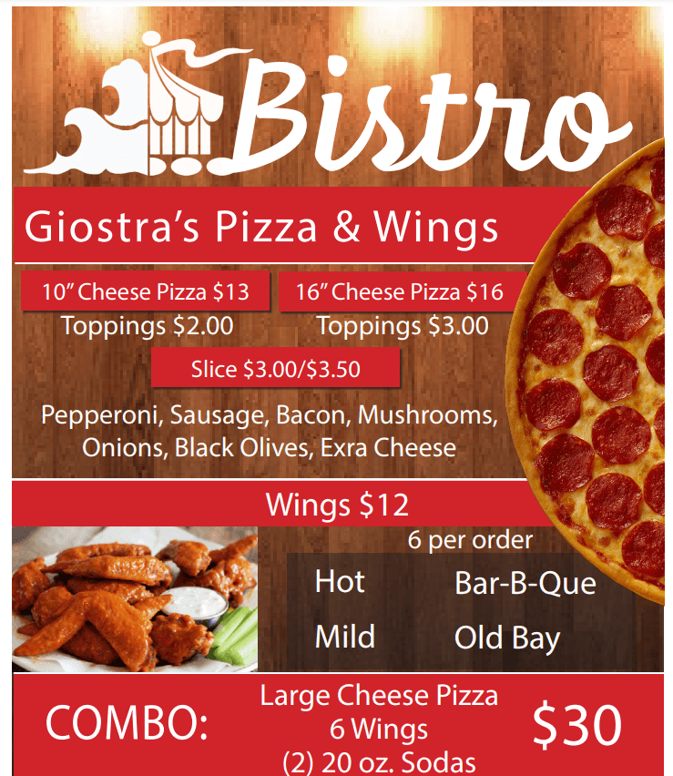 a flyer for a pizza and wings restaurant